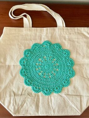 Cream Canvas Large Tote with Teal Crochet Medallion Accent New
